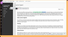 User interface of an educational platform highlighting learner support resources and tools.